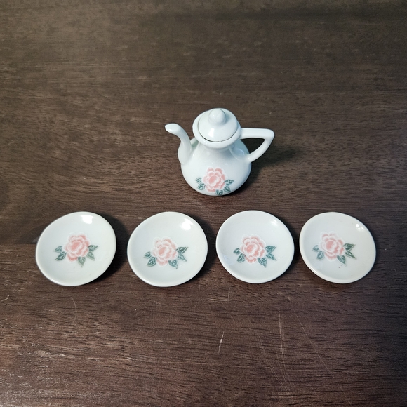 None Other - Pink Rose Miniature Porcelain Teapot and‎ Saucer Set